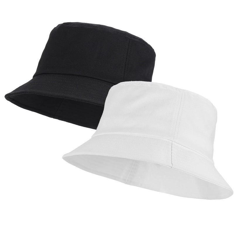 Umeepar Unisex 2 Pack Cotton Bucket Hat Packable Sun Hat for Men Women (White + Black) - Image 1